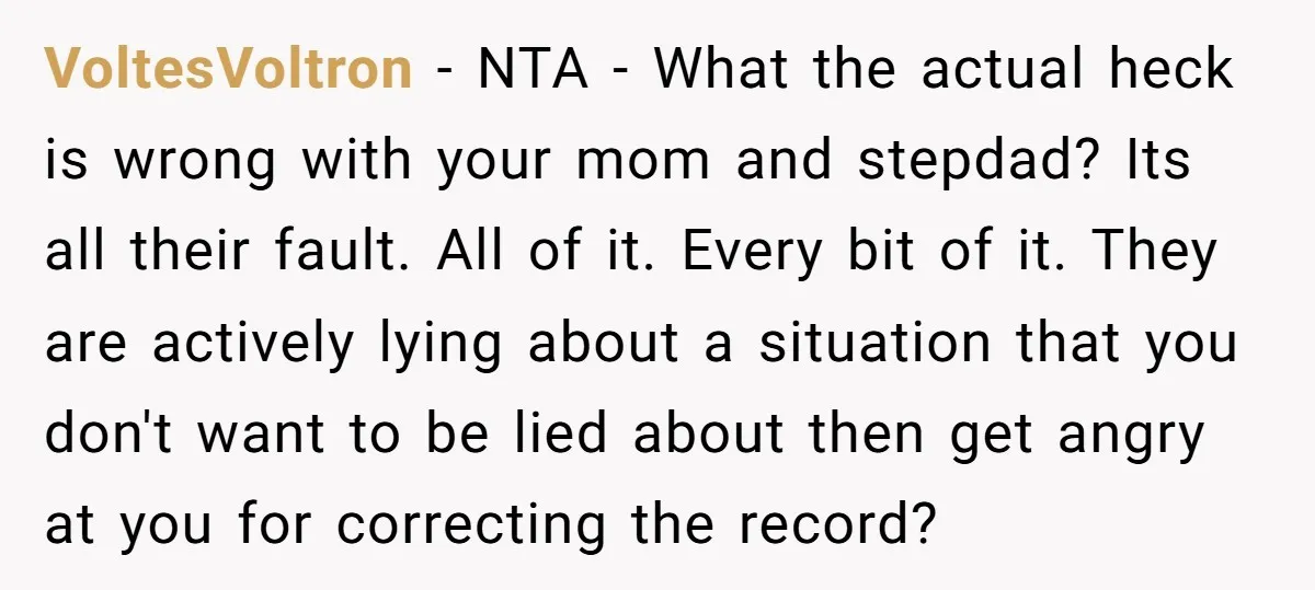 VoltesVoltron − NTA - What the actual heck is wrong with your mom and stepdad? Its all their fault. All of it. Every bit of it. They are actively lying...