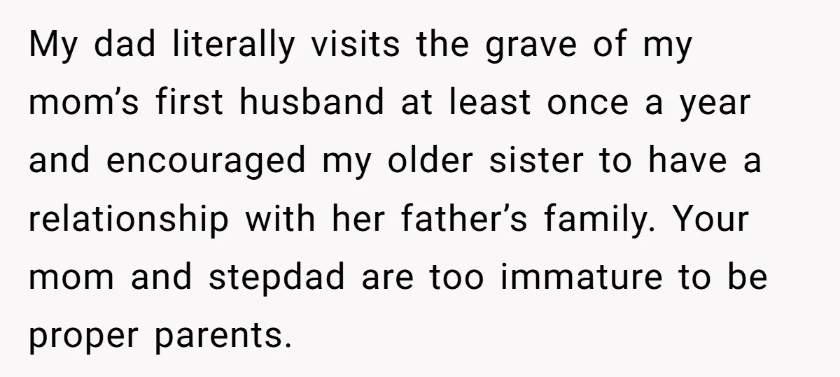 My dad literally visits the grave of my mom’s first husband at least once a year and encouraged my older sister to have a relationship with her father’s family. Your...