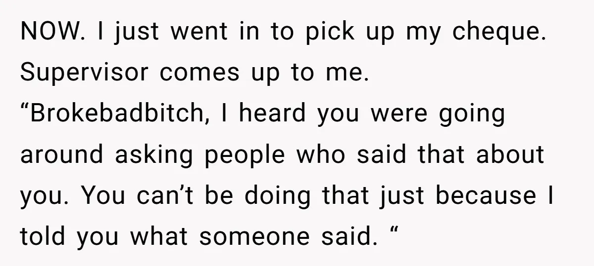 NOW. I just went in to pick up my cheque. Supervisor comes up to me. “Brokebadbitch, I heard you were going around asking people who said that about you. You...
