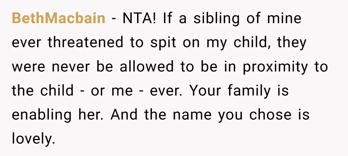 BethMacbain − NTA! If a sibling of mine ever threatened to spit on my child, they were never be allowed to be in proximity to the child - or me...