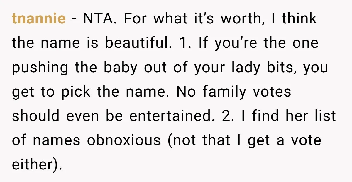 tnannie − NTA. For what it’s worth, I think the name is beautiful. 1. If you’re the one pushing the baby out of your lady bits, you get to pick...