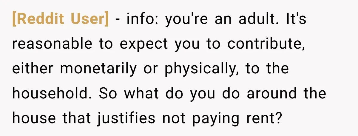 [Reddit User] - info: you're an adult. It's reasonable to expect you to contribute, either monetarily or physically, to the household. So what do you do around the house that...