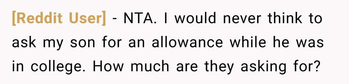 [Reddit User] - NTA. I would never think to ask my son for an allowance while he was in college. How much are they asking for?