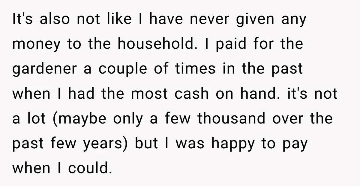 It's also not like I have never given any money to the household. I paid for the gardener a couple of times in the past when I had the most...