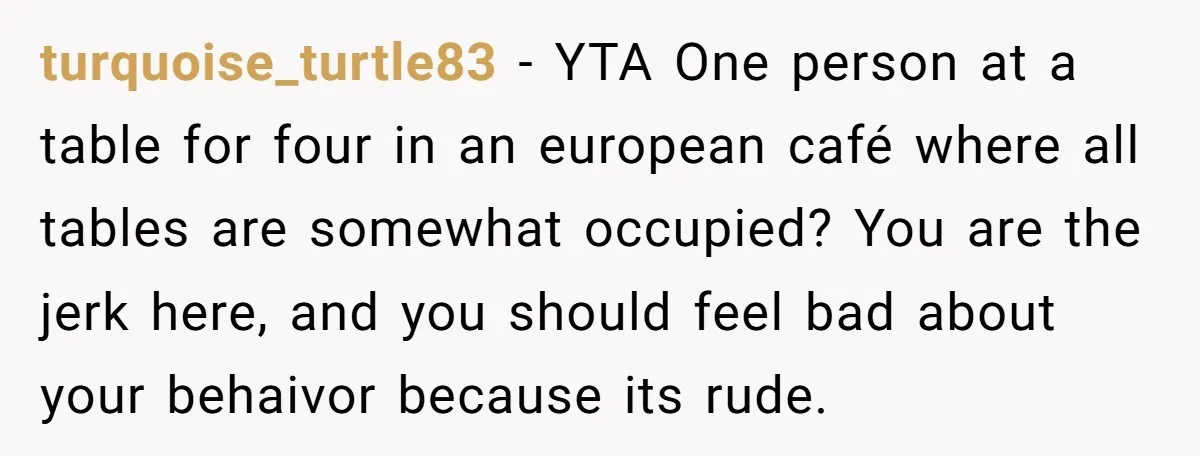 turquoise_turtle83 − YTA One person at a table for four in an european café where all tables are somewhat occupied? You are the jerk here, and you should feel bad...