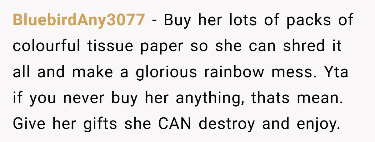 BluebirdAny3077 − Buy her lots of packs of colourful tissue paper so she can shred it all and make a glorious rainbow mess. Yta if you never buy her anything,...