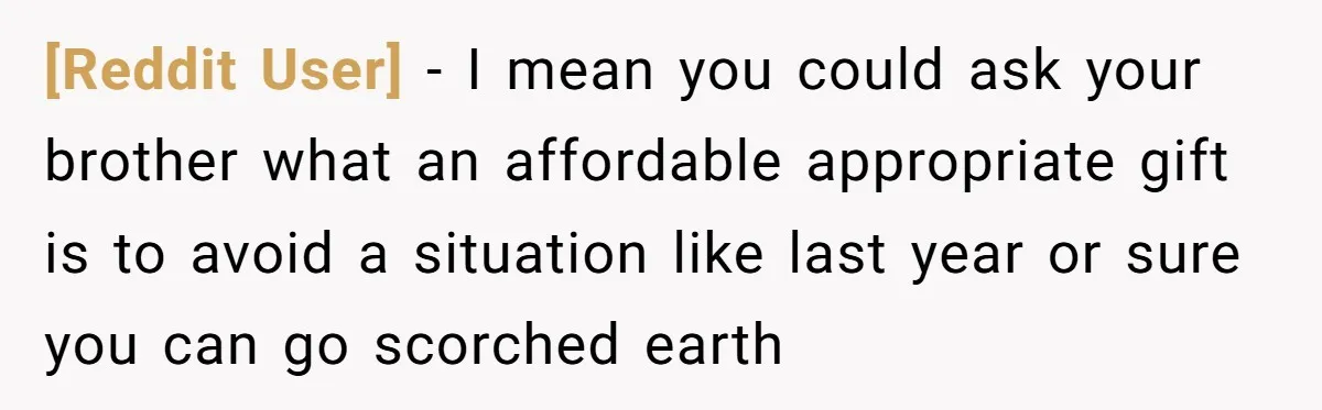 [Reddit User] − I mean you could ask your brother what an affordable appropriate gift is to avoid a situation like last year or sure you can go scorched earth