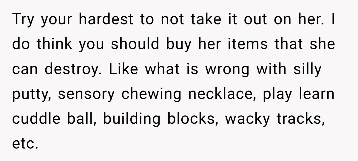 Try your hardest to not take it out on her. I do think you should buy her items that she can destroy. Like what is wrong with silly putty, sensory...