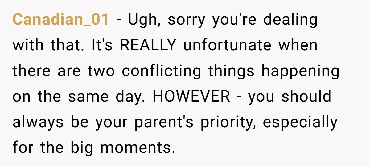 Canadian_01 − Ugh, sorry you're dealing with that. It's REALLY unfortunate when there are two conflicting things happening on the same day. HOWEVER - you should always be your parent's...