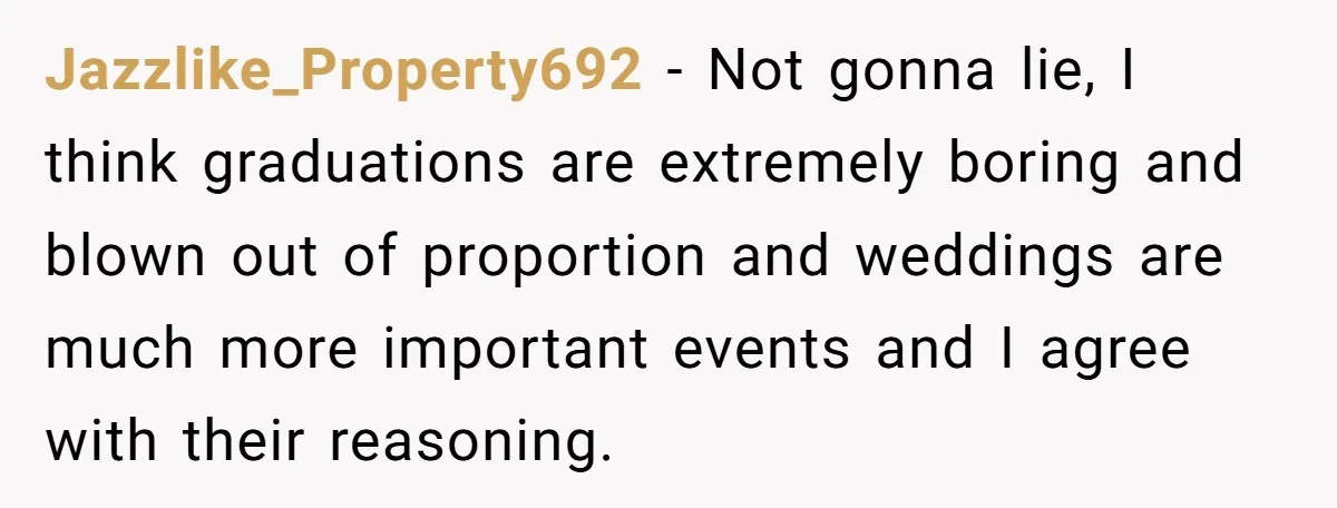 Jazzlike_Property692 − Not gonna lie, I think graduations are extremely boring and blown out of proportion and weddings are much more important events and I agree with their reasoning.