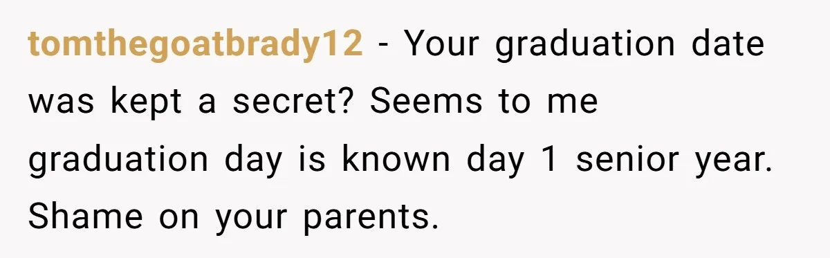 tomthegoatbrady12 − Your graduation date was kept a secret? Seems to me graduation day is known day 1 senior year. Shame on your parents.