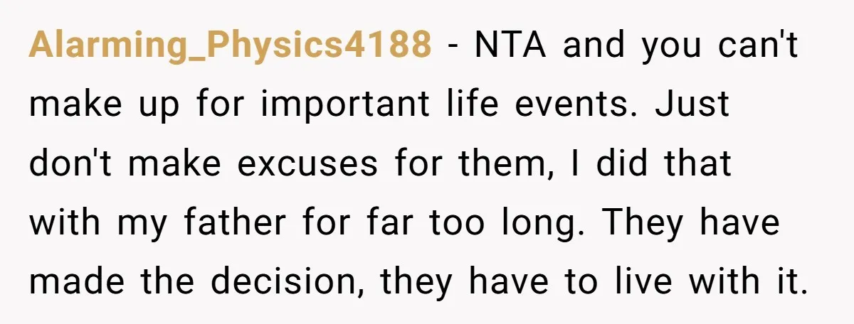 Alarming_Physics4188 − NTA and you can't make up for important life events. Just don't make excuses for them, I did that with my father for far too long. They have...