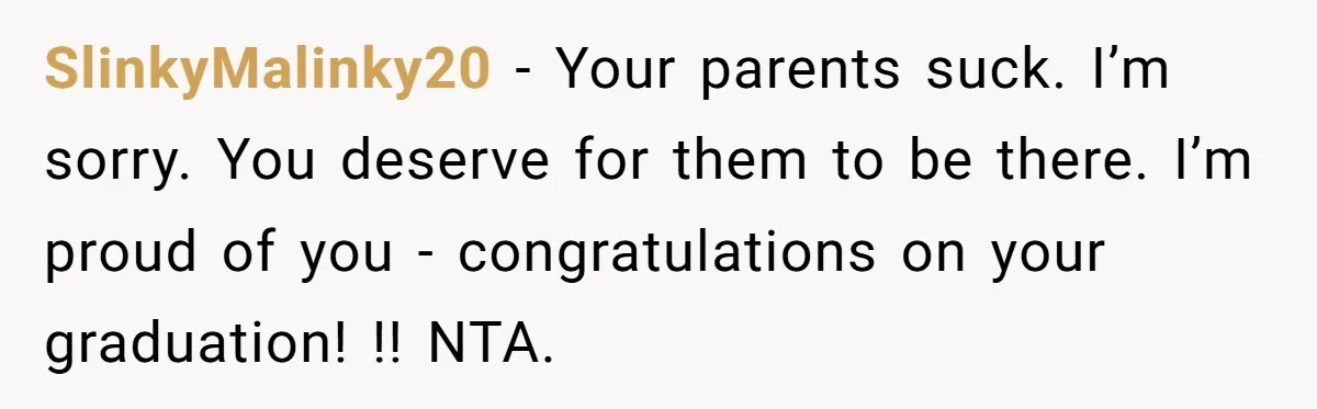 SlinkyMalinky20 − Your parents suck. I’m sorry. You deserve for them to be there. I’m proud of you - congratulations on your graduation! !! NTA.