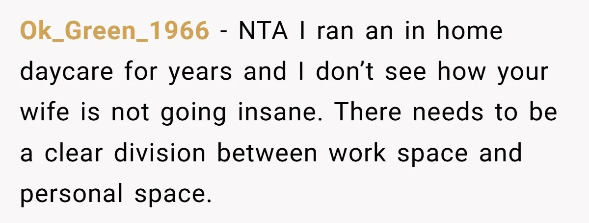 Ok_Green_1966 − NTA I ran an in home daycare for years and I don’t see how your wife is not going insane. There needs to be a clear division between...