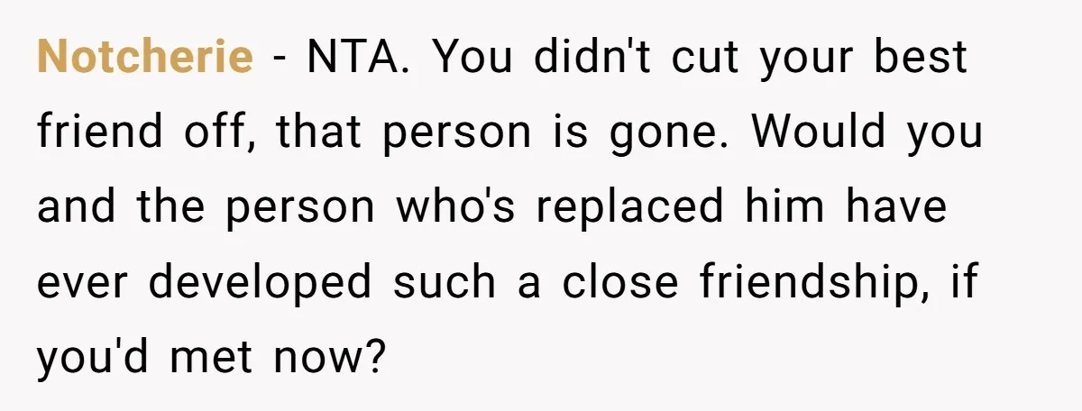 Notcherie − NTA. You didn't cut your best friend off, that person is gone. Would you and the person who's replaced him have ever developed such a close friendship, if...
