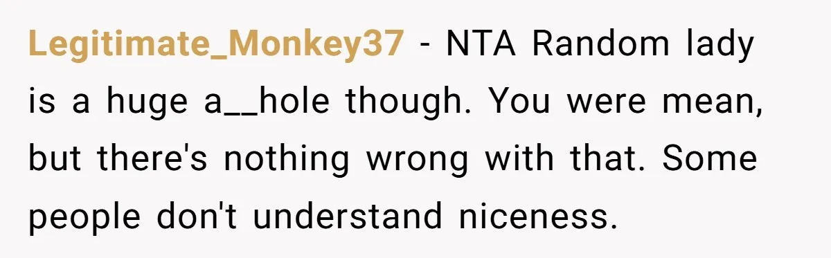 Legitimate_Monkey37 - NTA Random lady is a huge a__hole though. You were mean, but there's nothing wrong with that. Some people don't understand niceness.