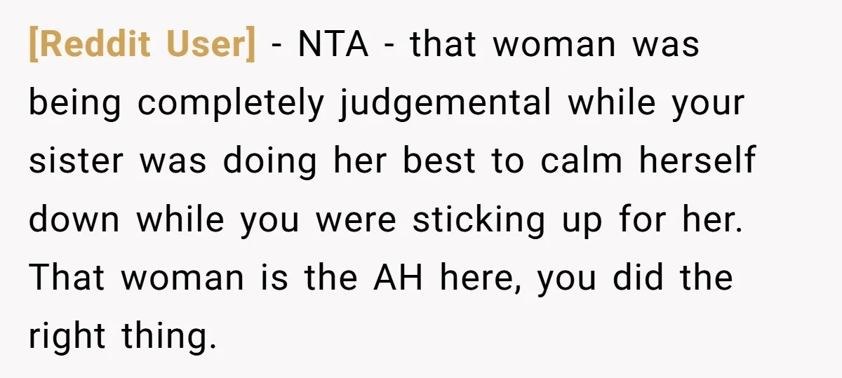 [Reddit User] - NTA - that woman was being completely judgemental while your sister was doing her best to calm herself down while you were sticking up for her. That...