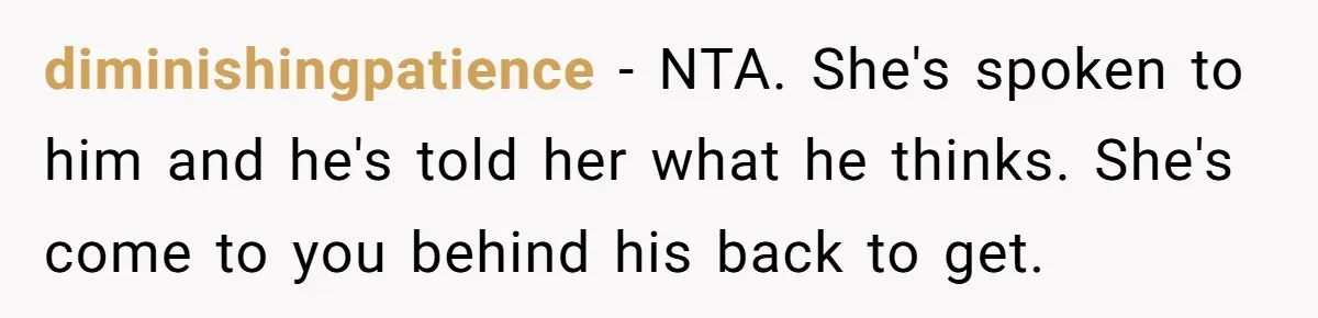 diminishingpatience − NTA. She's spoken to him and he's told her what he thinks. She's come to you behind his back to get.