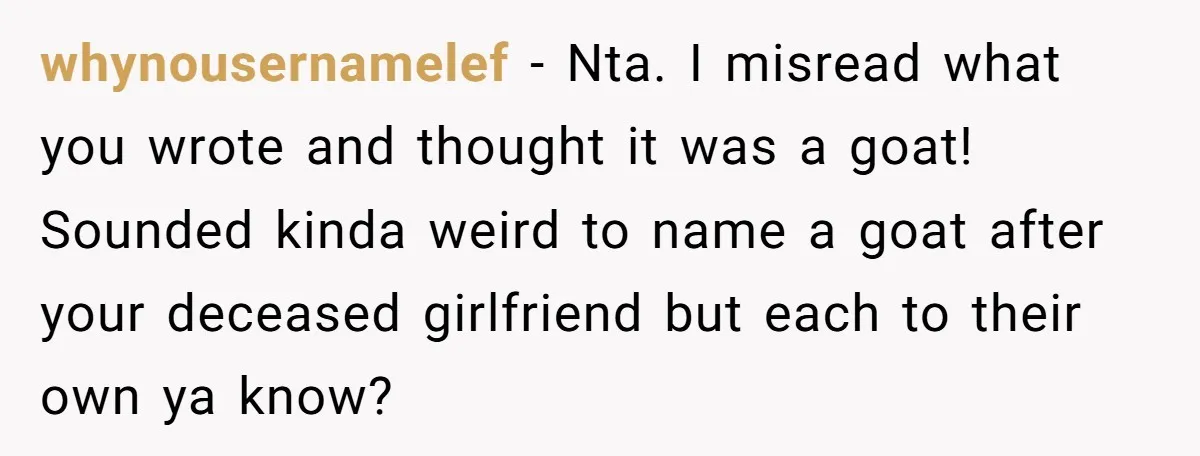 whynousernamelef − Nta. I misread what you wrote and thought it was a goat! Sounded kinda weird to name a goat after your deceased girlfriend but each to their own...
