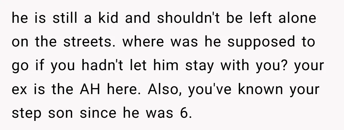 he is still a kid and shouldn't be left alone on the streets. where was he supposed to go if you hadn't let him stay with you? your ex is...