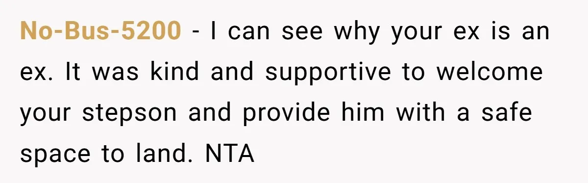 No-Bus-5200 − I can see why your ex is an ex. It was kind and supportive to welcome your stepson and provide him with a safe space to land. NTA
