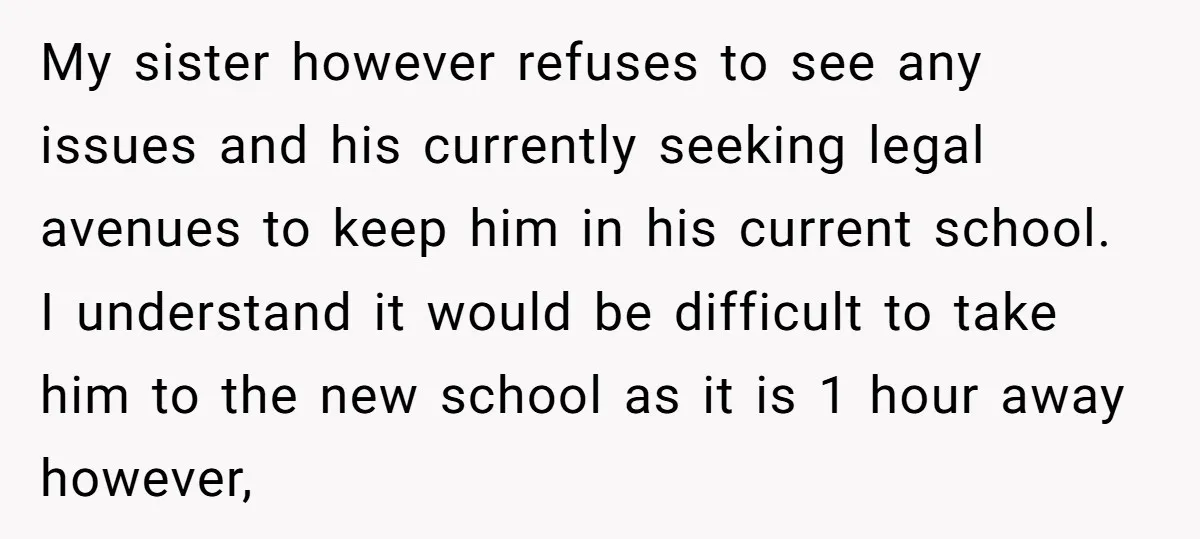 My sister however refuses to see any issues and his currently seeking legal avenues to keep him in his current school. I understand it would be difficult to take him...