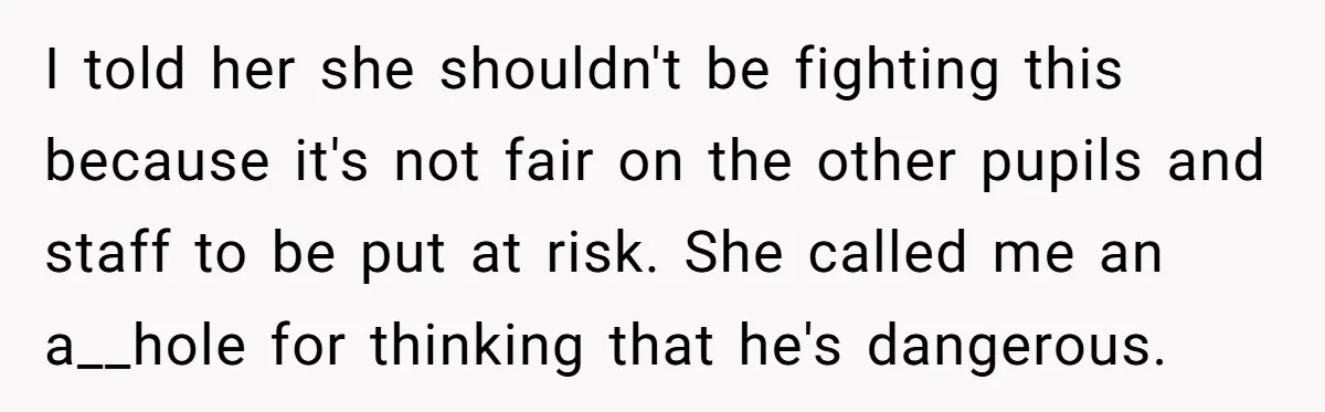 I told her she shouldn't be fighting this because it's not fair on the other pupils and staff to be put at risk. She called me an a__hole for thinking...