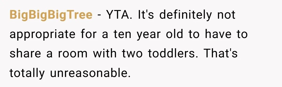 BigBigBigTree − YTA. It's definitely not appropriate for a ten year old to have to share a room with two toddlers. That's totally unreasonable.