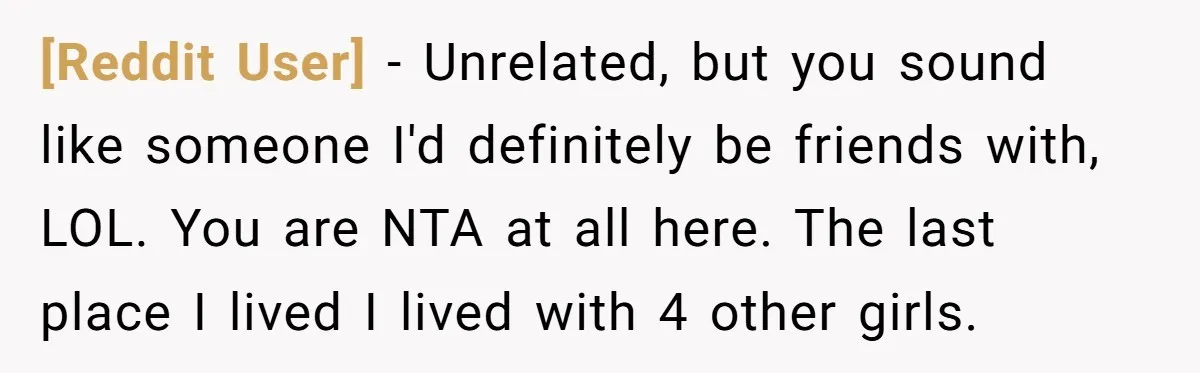[Reddit User] − Unrelated, but you sound like someone I'd definitely be friends with, LOL. You are NTA at all here. The last place I lived I lived with 4...