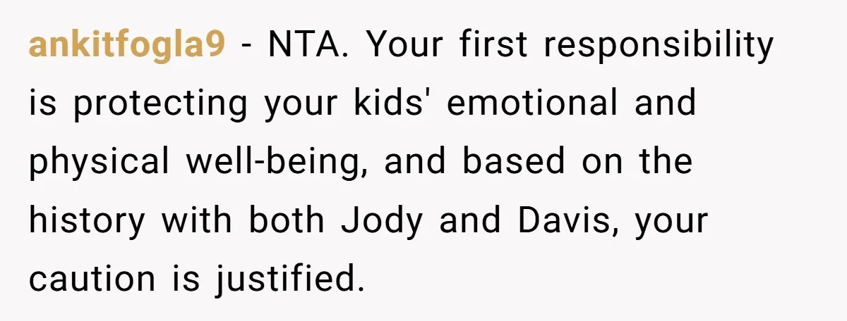 ankitfogla9 − NTA. Your first responsibility is protecting your kids' emotional and physical well-being, and based on the history with both Jody and Davis, your caution is justified.