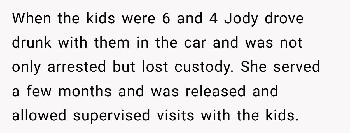When the kids were 6 and 4 Jody drove drunk with them in the car and was not only arrested but lost custody. She served a few months and was...