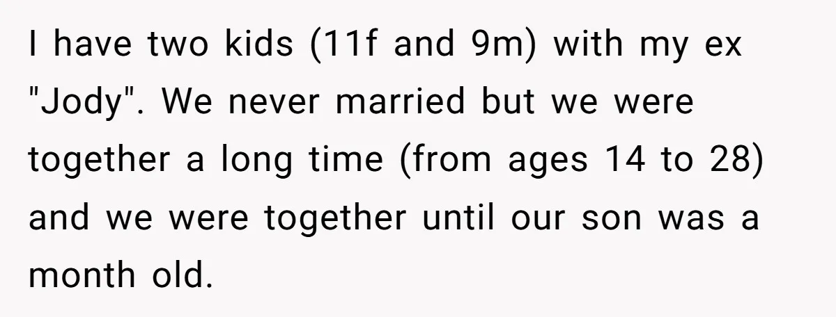 I have two kids (11f and 9m) with my ex "Jody". We never married but we were together a long time (from ages 14 to 28) and we were together...