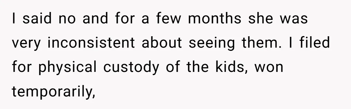 I said no and for a few months she was very inconsistent about seeing them. I filed for physical custody of the kids, won temporarily,