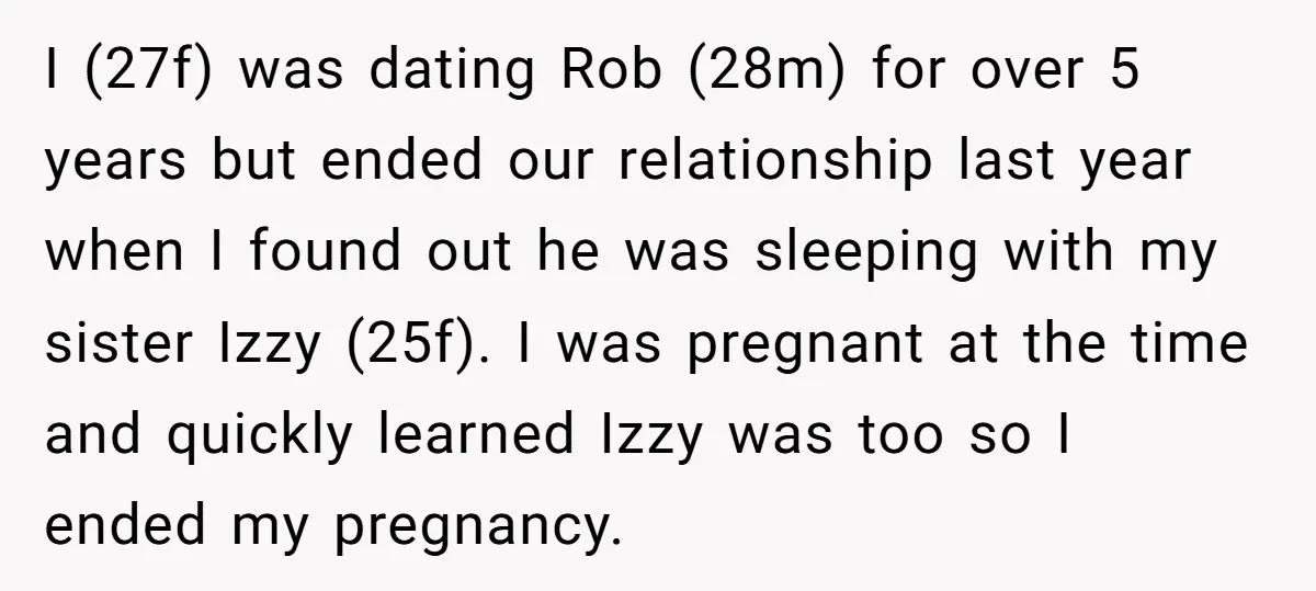 I (27f) was dating Rob (28m) for over 5 years but ended our relationship last year when I found out he was sleeping with my sister Izzy (25f). I was...