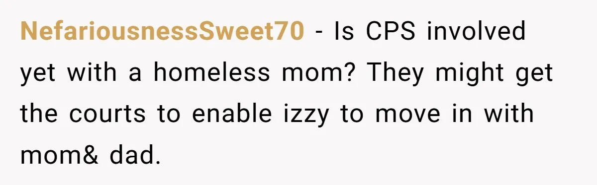 NefariousnessSweet70 − Is CPS involved yet with a homeless mom? They might get the courts to enable izzy to move in with mom& dad.