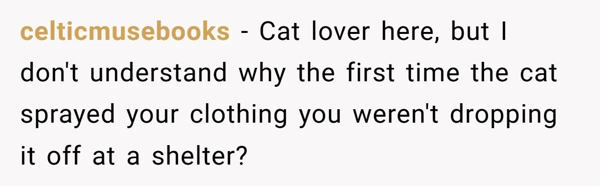 celticmusebooks - Cat lover here, but I don't understand why the first time the cat sprayed your clothing you weren't dropping it off at a shelter?