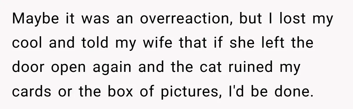 Maybe it was an overreaction, but I lost my cool and told my wife that if she left the door open again and the cat ruined my cards or the...