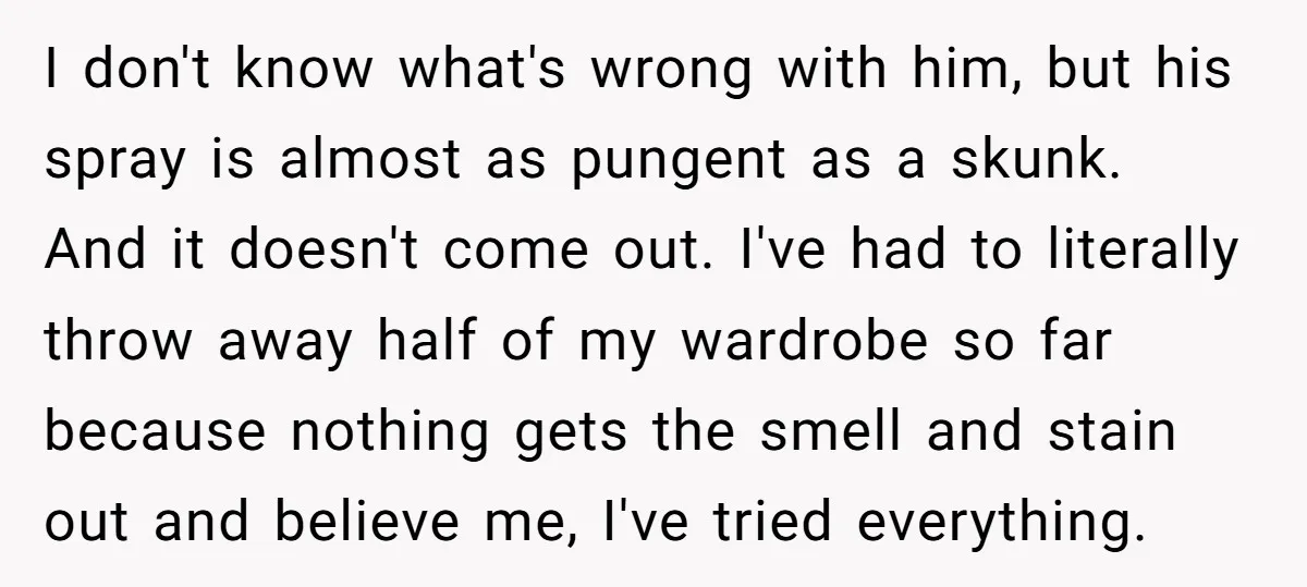 I don't know what's wrong with him, but his spray is almost as pungent as a skunk. And it doesn't come out. I've had to literally throw away half of...