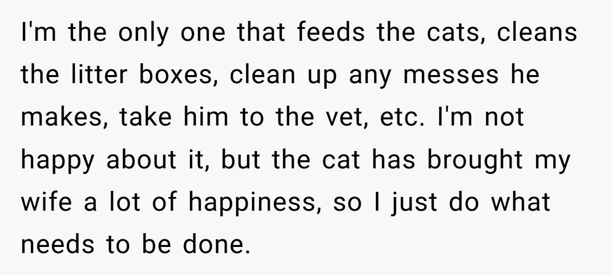 I'm the only one that feeds the cats, cleans the litter boxes, clean up any messes he makes, take him to the vet, etc. I'm not happy about it, but...