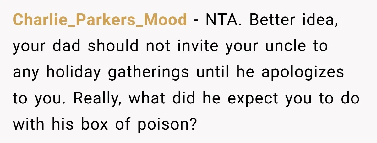 Charlie_Parkers_Mood − NTA. Better idea, your dad should not invite your uncle to any holiday gatherings until he apologizes to you. Really, what did he expect you to do with...
