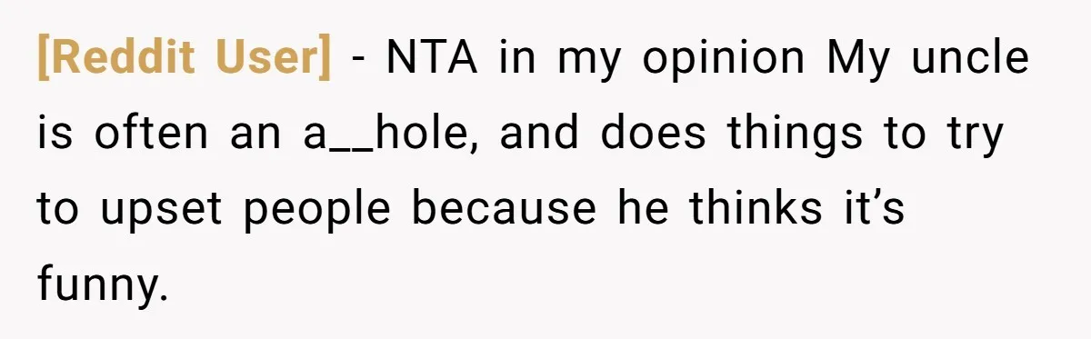 [Reddit User] − NTA in my opinion My uncle is often an a__hole, and does things to try to upset people because he thinks it’s funny.
