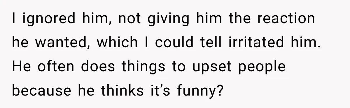 I ignored him, not giving him the reaction he wanted, which I could tell irritated him. He often does things to upset people because he thinks it’s funny?