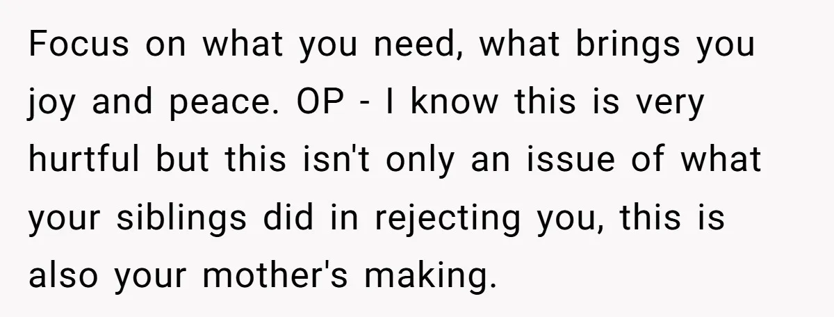 Focus on what you need, what brings you joy and peace. OP - I know this is very hurtful but this isn't only an issue of what your siblings did...