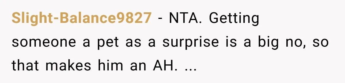 Slight-Balance9827 - NTA. Getting someone a pet as a surprise is a big no, so that makes him an AH. ...