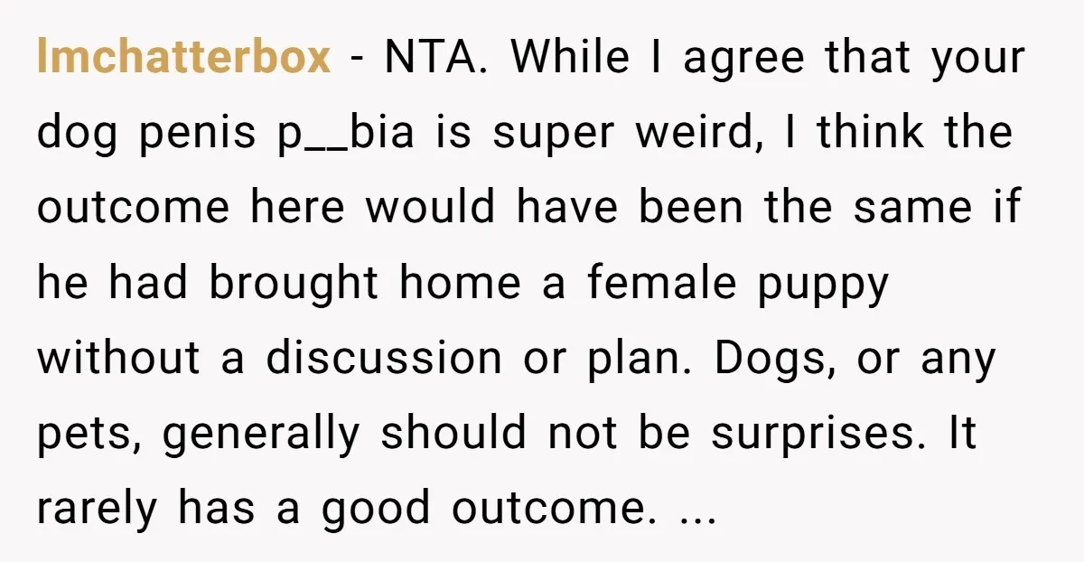 lmchatterbox - NTA. While I agree that your dog penis p__bia is super weird, I think the outcome here would have been the same if he had brought home a...