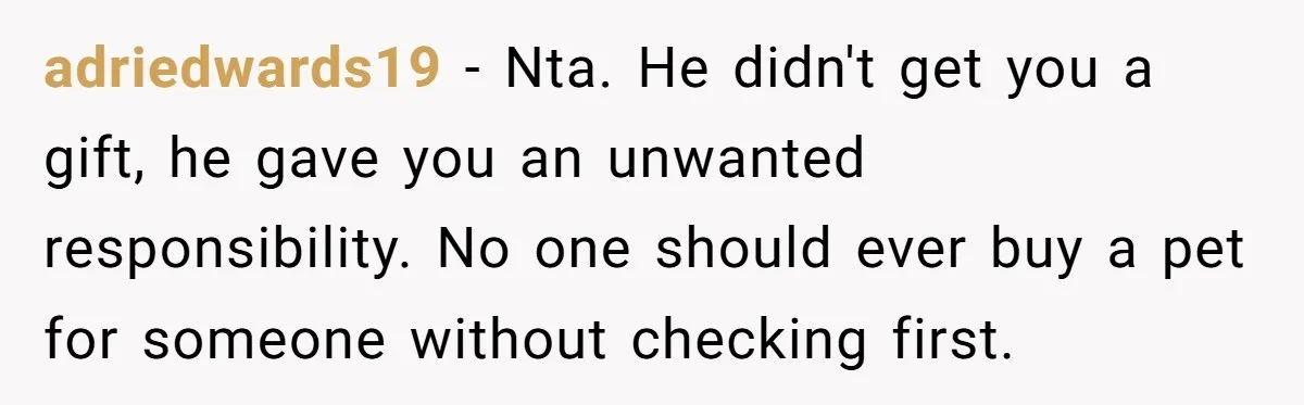 adriedwards19 - Nta. He didn't get you a gift, he gave you an unwanted responsibility. No one should ever buy a pet for someone without checking first.