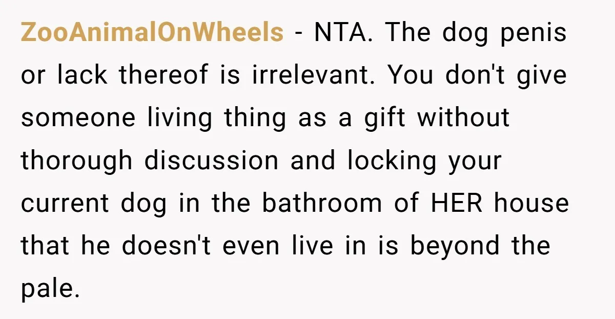 ZooAnimalOnWheels - NTA. The dog penis or lack thereof is irrelevant. You don't give someone living thing as a gift without thorough discussion and locking your current dog in the...