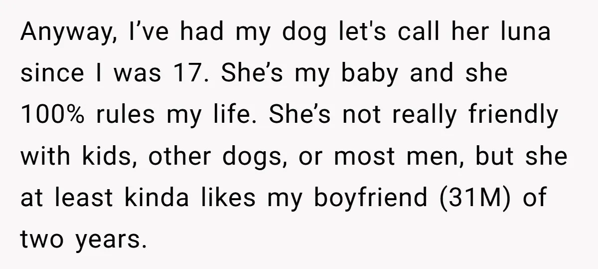 Anyway, I’ve had my dog let's call her luna since I was 17. She’s my baby and she 100% rules my life. She’s not really friendly with kids, other dogs,...