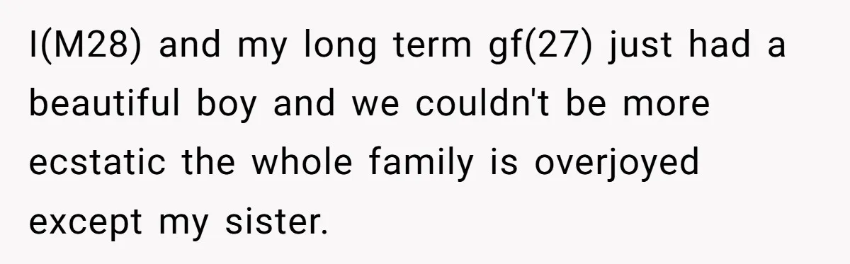 I(M28) and my long term gf(27) just had a beautiful boy and we couldn't be more ecstatic the whole family is overjoyed except my sister.