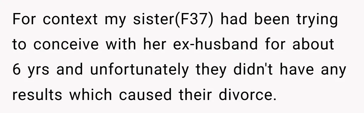 For context my sister(F37) had been trying to conceive with her ex-husband for about 6 yrs and unfortunately they didn't have any results which caused their divorce.